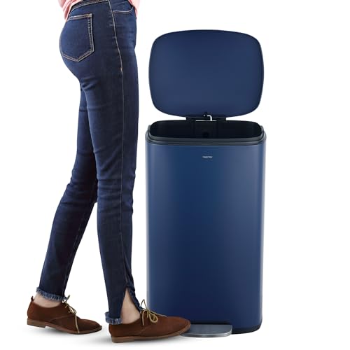 Image of happimess Curtis 8 Gal Step Trash Can Soft Close 25 inch, Denim Blue | Iron Construction, Satin Finish, Removable Liner, Steel Pedal, 20 Trash Bags Included, Kitchen Office Bin