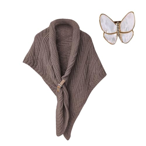 QUROXO Knitted Triangle Shawl with Leather Buckle, Fall Winter Knitted Shawl for Women, Triangle Cozy Ponchos with brooch