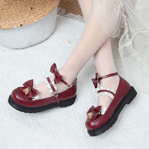 Women's Bow Ankle Strap Platform Lolita Shoes, School Cute Mary Jane Shoes, Dress Closed Toe Flat Mary Jane Kawaii Shoes3