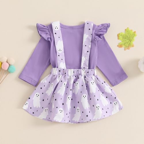 Baby Girl Halloween Outfit Ruffle Long Sleeve Romper Pumpkin Ghost Embroidery Suspender Skirt Overall Dress Set3