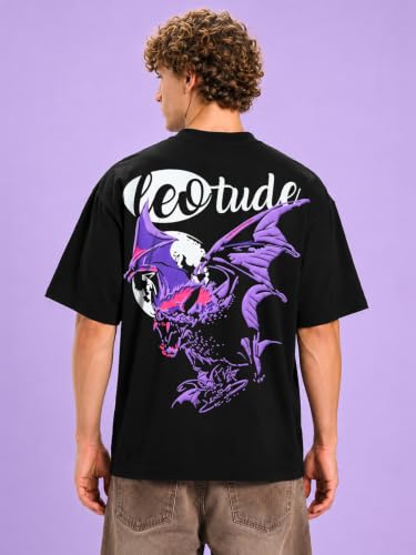 Image of LEOTUDE Men's Premium T-Shirt | 100% Pure Cotton Oversized Baggy Fit Drop Shoulder Cool Back Typographic Printed T-Shirt for Men (Color : Black)