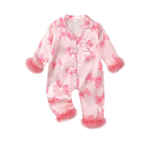 Image of woshilaocai Baby Girl Button Down Romper Bow Strawberry Fuzzy Cuff Long Sleeve Jumpsuit Spring Summer Clothes