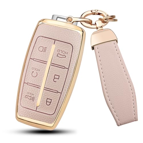QBUC for Genesis Key Fob Cover with Keychain Leather Texture Key Protection Case Fit for Genesis G70 G80 G90 GV70 GV80 GV90 6 Buttons Smart Key (Beige 6-Button)