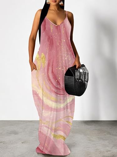 Image of SUZONANA Women's Plus Size Summer Dresses Spaghetti Print Midi Dresses Long Loose Sundresses