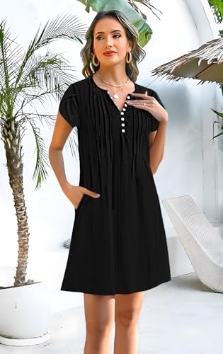 Image of Disamer Womens Casual Dresses Short Sleeve Summer Dresses 2026 Boho Floral Beach Sundresses Spring A-Line Dress with Pockets