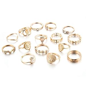 healthwen 15 stks/set Mode Schoonheid Hoofd Goud Kleur Coin Cross Patroon Ring Voor Vrouwen Hollow Liefde Fatima Palmen…