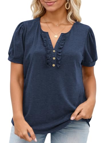 VISLILY Womens-Plus-Size-Summer-Tops Dressy Ruffle V Neck T Shirts Trendy Puff Short Sleeve Tunics Casual Buttons Up Blouses2