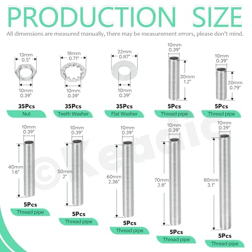 Keadic 140Pcs M10 Lamp Repair Hardware Assortment Set W Nuts Washers, 20/30/40/50/60/70/80mm Zinc Plated Hollow All Threaded Lamp Pipe for Chandelier Ceiling Light (1.0 Pitch)