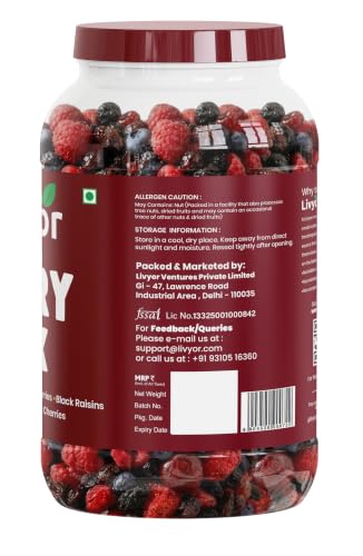 Image of Livyor 5 in 1 Berry Mix for eating - 1kg | Good Source of Fibre | Dried Cranberries | Black Raisins | Cherries | Blueberries | Strawberries | Berry Blast | Berries dry fruits | Berries fresh | Pack of 1