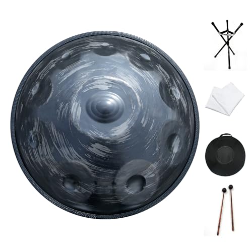 Elsebal Handpan D Minor 10-Note 440Hz Adult Steel Hand Drums(Gold) with Handpan Drum Bag, 2 Test Mallets, Hand Drum Stand,Music Note Stickers,Maintenance Oil and Wiping Cloth (Black storm 440hz)