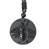 QIANXU Natural Black Obsidian Stone Bee Pendant with Braided Cord Necklace Amuelt Jewlery for Men Women Gift for Family Healing Jewlery