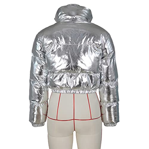 Halfword Women's Shiny Cropped Puffer Jacket Long Sleeve Solid Color Stand Neck Winter Down Coat #TOP4