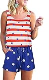 Womens Summer Sleeveless Tank Top Short Pants Jumpsuit Cami Romper 3D Vertical Stripes Flag American Independence Day Printed Casual Crewneck Beach Playsuit Elastic Waist Drawstring With Pockets