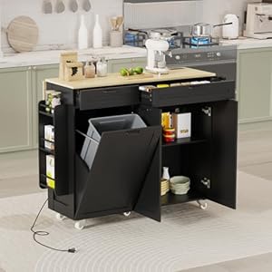 Rolling Kitchen Island with Power Outlet & Drop Leaf, Kitchen Island Cart with Trash Storage Cabinet,Kitchen Rolling Island with Spice Rack & Towel Rack, Knife Holder, Mobile Island Table for Kitchen
