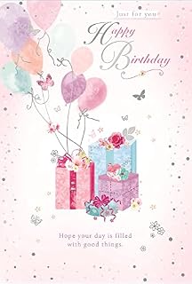 Open Female Birthday Card - Balloons and Flowers with Silver Foil 7.75x5.25"