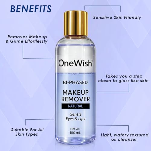 Image of One Wish Eye & Lip Makeup Remover 100ml | Gentle Formula for Sensitive Skin | Removes Waterproof & Long-Lasting Makeup | Non-Irritating & Soothing Cleanser