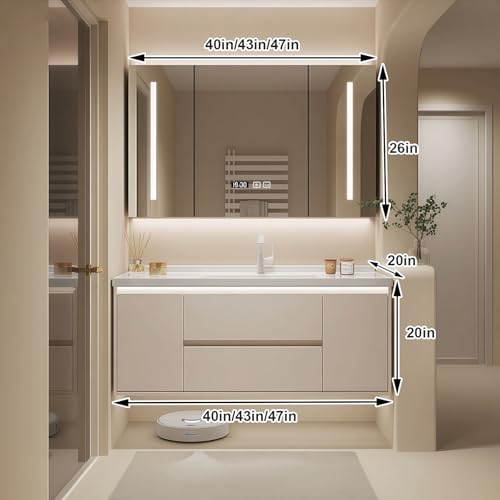 Modern Wall Mounted Floating Bathroom Vanity with Integrated Ceramic Sink, No Assembly Required, Hanging LED Intelligent Lighted Sensor and Demisting Mirror, Cabinet Spaces
