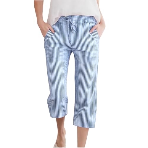 Pantalones de verano de algodón y lino para niña, longitud 3/4, estampado de cuadros y rayas, pantalones escolares con cintura elástica, cordón ajustable, bolsillo para salidas diarias y deportes, 2