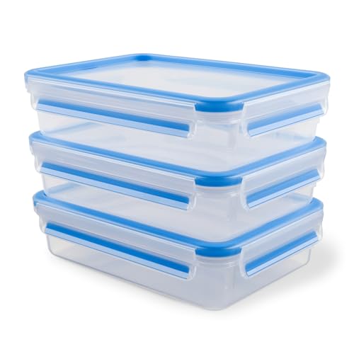 EMSA Clip & Close Frischhaltedosen-Set, rechteckig, 3 x 1,2 L, Aufbewahrungsboxen, 100 Prozent dicht, spülmaschinen-, gefrier-, mikrowellenfest, Blau, Made in Germany, 515645