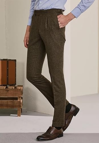Mens Vintage Herringbone Tweed Dress Pants Slim Fit Casual Suit Trousers4