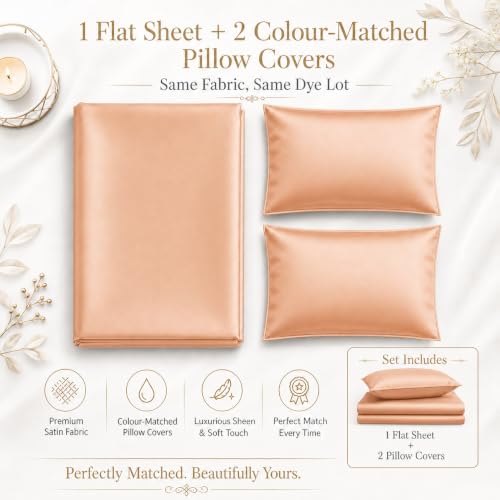 Image of Cloth Fusion Flat Satin Bedsheet Super King Size 108x108 inch | Peach, 2 Pillow Covers, 300 TC, Glossy Finish, Smooth on Hair and Skin, Gift for Couples, Wedding & Anniversary