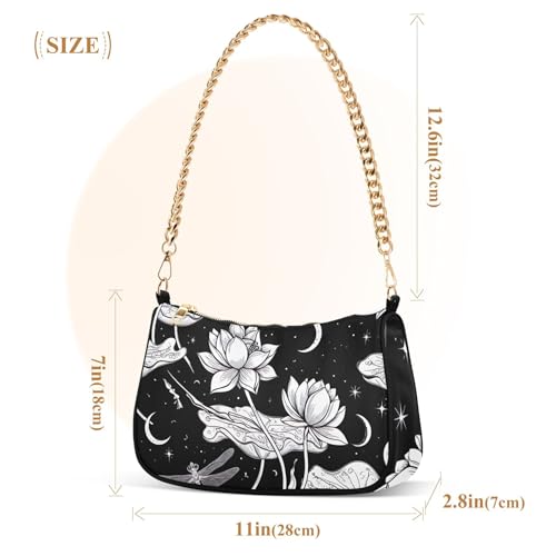 White Lotus Flowers Dragonflies Aesthetic Shoulder Bag for Women Classic Formal Purse Hobo Chain Strap Zipper Evening Purse3