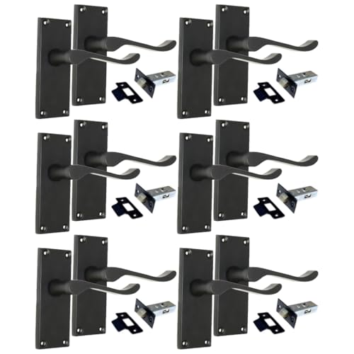 Epsom Door Handle Matt Black Scroll Door Handle Set - Victorian Style Internal and External Lever Door Handles with Backplate (6 Pair of Handles + Tubular Latch)