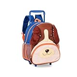 Mochila Infantil com Rodinhas Cachorro Marrom e Azul, Escolar e Passeio, Bolso Frontal e 2 Bolsos Laterais (38x34x15cm)