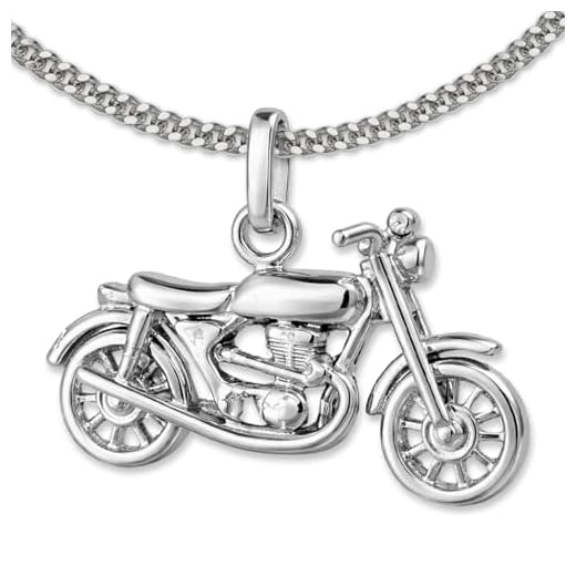 CLEVER SCHMUCK Set Silberner Herren Anhänger 3D altes Oldtimer Motorrad 24 x 14 mm glänzend mit beweglichen Vorderrad mit Kette Panzer 55 cm Sterling Silber 925 für Herren