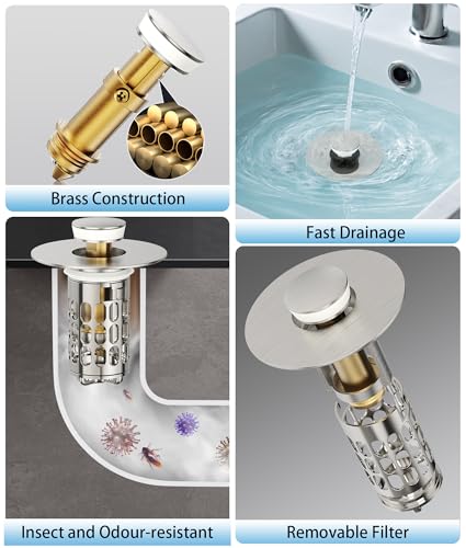 Image of QYHNYJF Upgraded Bathroom Sink Stopper with Hair Catcher - Universal Pop-Up Drain Plug, Stainless Steel & Silicone Seal for 1.1-1.5 Inch Drains,Brushed Nickel Finish (Brushed Nickel)