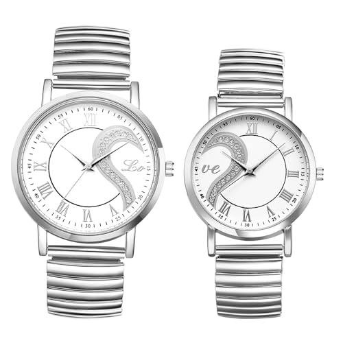 JewelryWe Herz Elastische Uhren für Paare: 2pcs Strass Herz Puzzle Love Analog Quarz Pärchen Armbanduhr Silber Edelstahl Stretch Armband Partner Freunschaft Uhr mit Weiß Römischen Ziffern Zifferblatt JewelryWe Herz Elastische Uhren für Paare: 2pcs Strass Herz Puzzle Love Analog Quarz Pärchen Armbanduhr Silber Edelstahl Stretch Armband Partner Freunschaft Uhr mit Weiß Römischen Ziffern Zifferblatt