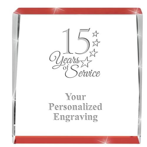 Crown Awards Customizable Crystal Trophy, 3" Engraved 15 Years of Service Red Spotlight Crystal Award
