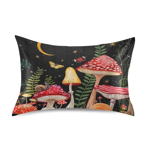Mushroom Night Satin Pillowcase Silk Pillow Cases for Hair and Skin Slipping Body Pillow Cover with Envelope Closur Standard Size 20x26 Pillowcase Decor for Kids Girls Boys Women Men