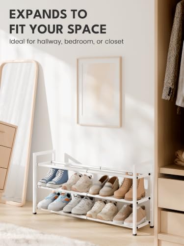 Image of Bumusty 3-Tier Expandable Shoe Rack for Closet, 18 inch-33 inch Adjustable Shoe Rack for Small Space, Small Shoe Organizer for Front Door, Sturdy Metal, White