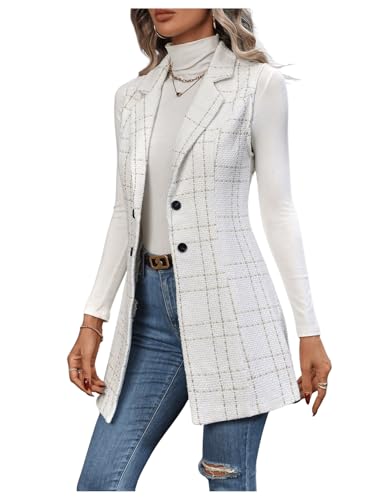 GORGLITTER Women's Tweed Plaid Long Blazer Vest Sleeveless Trendy Fall Business Casual Dressy Work Blazer Jackets 20253