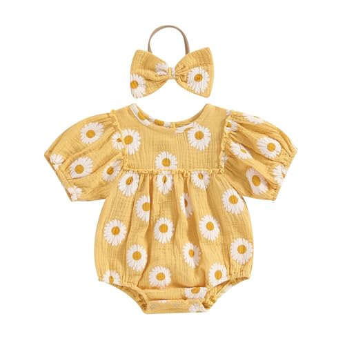Image of Infant Baby Girl Linen Romper Smocked Bubble Bodysuit Frill Trim Ruffle One-Piece Jumpsuit Casual Cute Summer Clothes (R# Yellow, 3-6 Months)