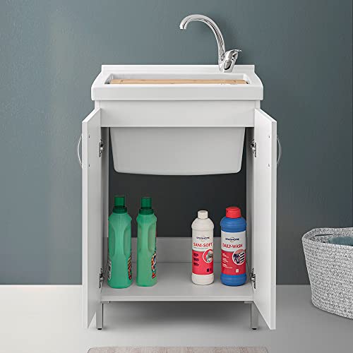 Mobile lavatoio lavanderia in legno con vasca in ceramica resistente agli acidi, completo di kit sifone + piletta (Bianco, 60x50 cm 2 ante) - 2