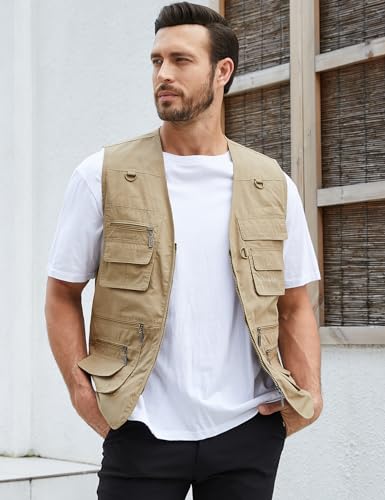 Gihuo Men's Fishing Vest Utility Safari Travel Vest with Pockets Outdoor Work Photo Cargo Fly Summer Vest (XX-Large, Khaki)