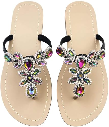 Image of Rhinestone Sandals for Women - Sparkly Jeweled Bling Thong Flip Flops, Dressy Gemstone Flat Sandals for Wedding, Party, Beach & Summer Outfits