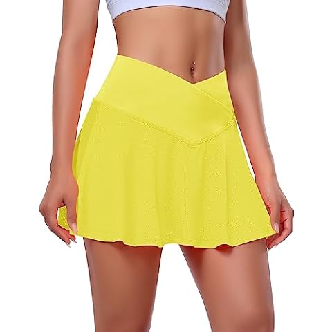 Ganado Tennis Skirts for Women with Pockets Pleated Golf Skirts with Shorts Crossover Waisted Athletic Skorts Workout Casual(#2 Yellow,Small) Cover