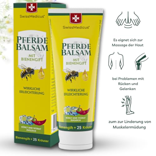 SwissMedicus Pferdebalsam mit Bienengift & 25 Kräuter - gleichzeitig kühlen und wärmen - zur Massage der Haut im Bereich beanspruchter Rücken & Gelenke (75 ml) 2