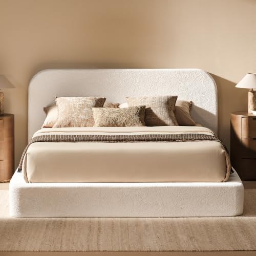 Image of RECCI Airframe Bread Queen Curved Cloud Platform Bed Frame | Fully Cushioned Foam Rectangular Panels and Rounded Headboard, Easy to Assembly, Cream Plush Velvet for Aesthetic Bedrooms