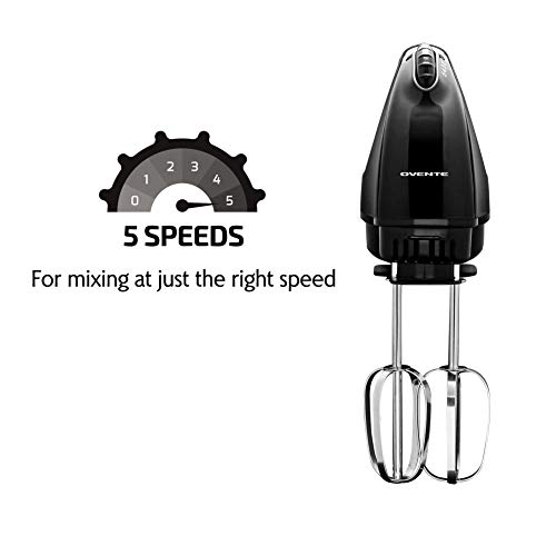 Image of Ovente Portable Electric Hand Mixer 5 Speed Mixing, 150W Powerful Blender for Baking & Cooking with 2 Stainless Steel Chrome Beater Attachments & Snap Clear Case Compact Easy Storage, Black HM161B