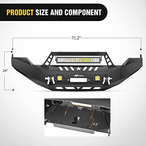 Image of Nilight Front Bumper with Shackle & Light for 2013-2018 Dodge Ram 1500 (Excl. Rebel) & 2019-2024 Ram 1500 Classic Pickup Truck with Winch Plate, Light Bar+2Pcs Pod, Full Width Solid Steel