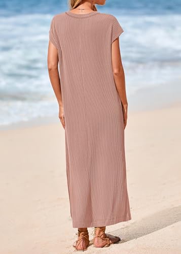 Image of KIRUNDO Womens Summer Ribbed Knit Short Sleeve Maxi Dress | 2026 Spring Henley Button Up Knitted Tshirt Dress, Loose Beach Vacation Sundress, Teacher Dress, Loose Fit Nursing Friendly