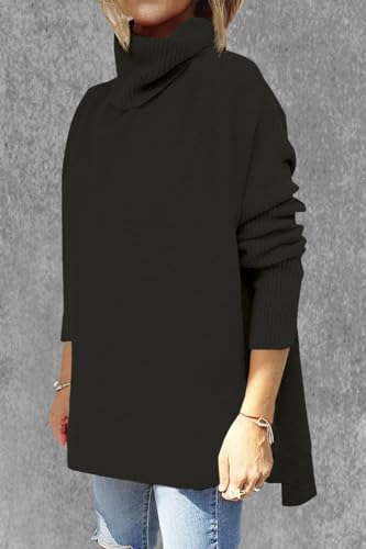 Image of Women's Turtleneck Oversized Sweaters Long Sleeve Split Hem Striped Knit Pullover Tops