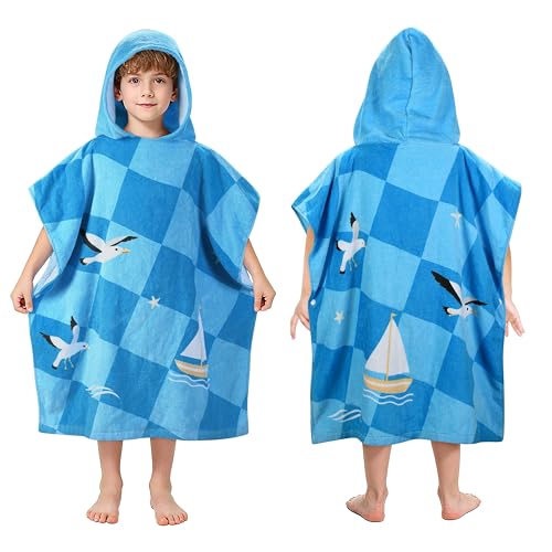 Catalonia Nautical Kids Hooded Poncho Towel | 100% Cotton Absorbent Changing Robe for Beach, Pool & Bath for Toddlers Boys Girls, Seagulls and Sailboats Print