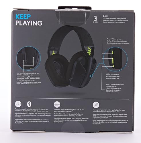 Logitech G435 LIGHTSPEED & Bluetooth Wireless Gaming Headset - Ultra Lightweight 165g over-ear headphones, built-in mics, 18h battery, compatible with Dolby Atmos, PC, PS4, PS5, Mobile - Black