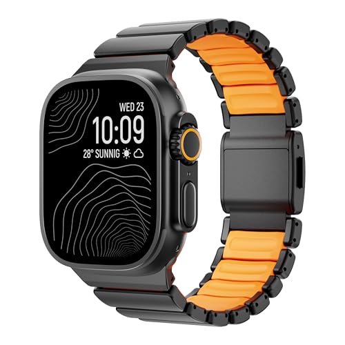 Luxury Titanium Silicone Dual-Layer Link Bands Compatible with Apple Watch Band Ultra 3/2/1 49mm 46mm 45mm 44mm 42mm, Men Women Magnetic Clasp Metal Bracelet for iWatch Series 11 10 9 8 7 6 5 4 SE (Black-Orange, 49mm/46mm/45mm/44mm/42mm(Series 3))