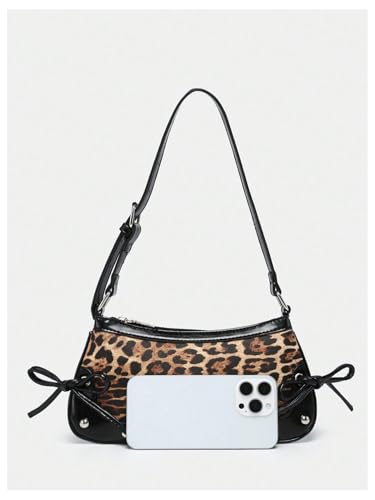 Image of QWINEE Women's Leopard Print Purse Y2k Cheetah Shoulder Bag Bow Studded Clutch Zipper Adjustable Strap Underarm Bag